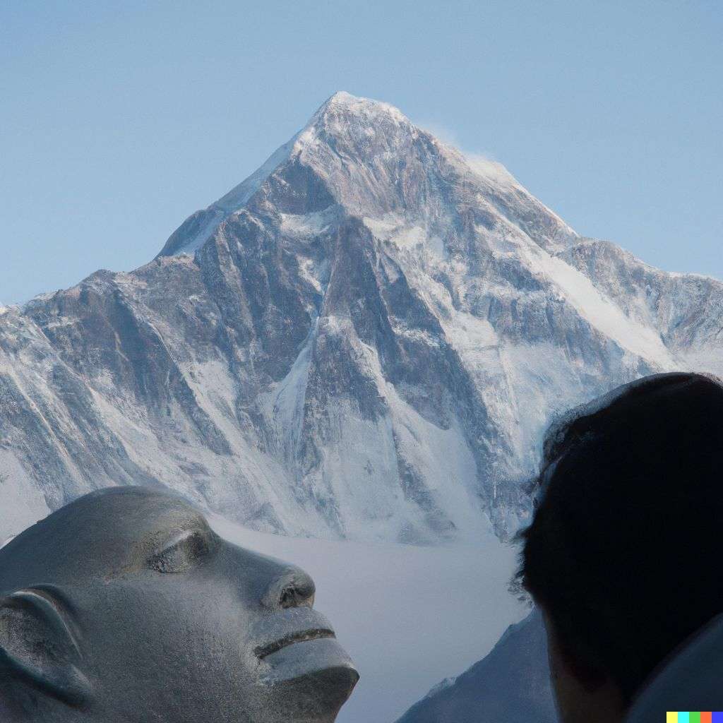 someone gazing at Mount Everest, marble sculpture